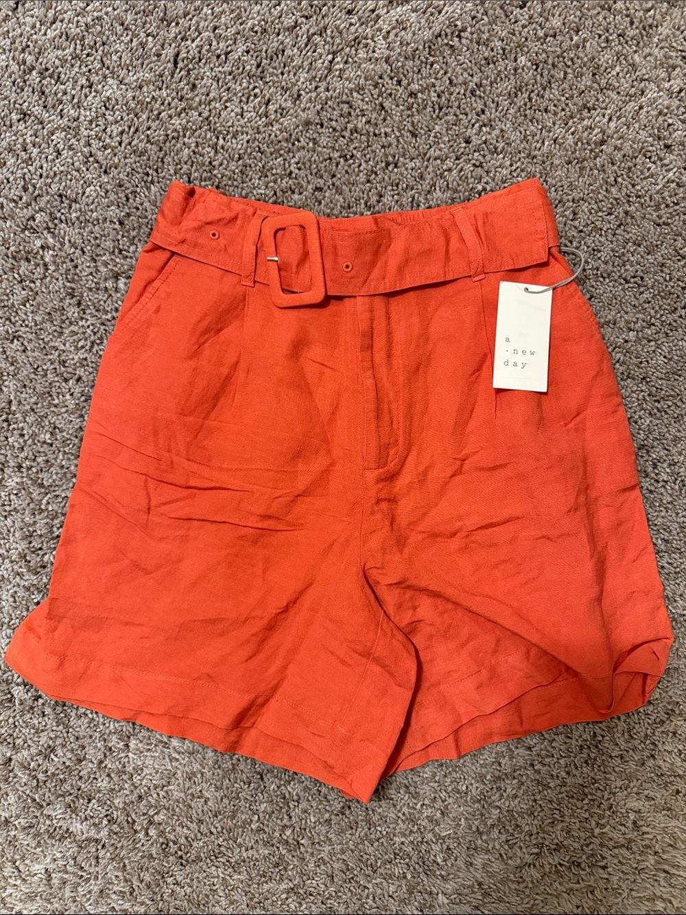 A New Day Orange Linen High Waisted Belted Shorts